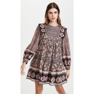 Sea New York Margo Printed Cotton Mini Dress Ruffle Pintuck Shift XXS